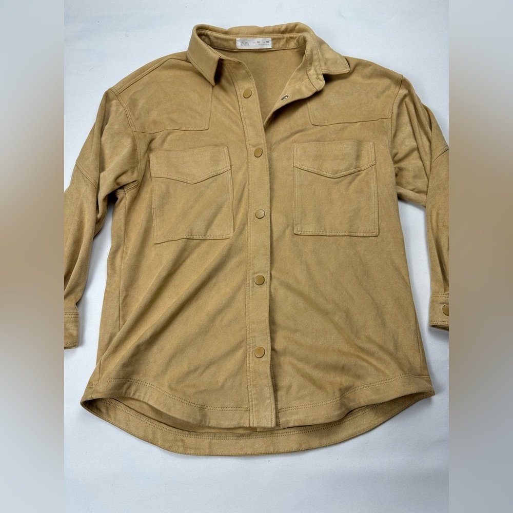 Zara tan button up, collared top. Suede like feel. Size 10 (girls)